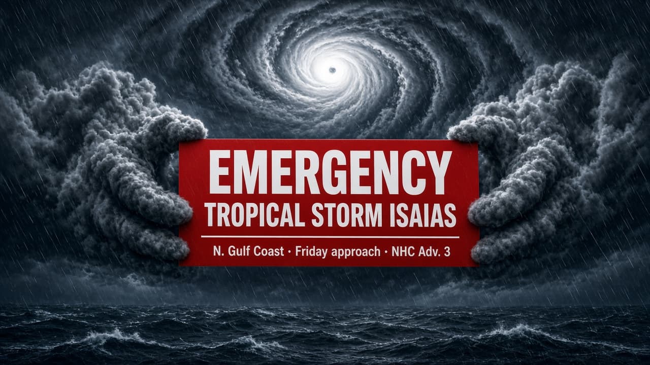 Hurricane clouds hold a red emergency notice for Tropical Storm Isaias. Northern Gulf Coast. NHC Advisory 3.