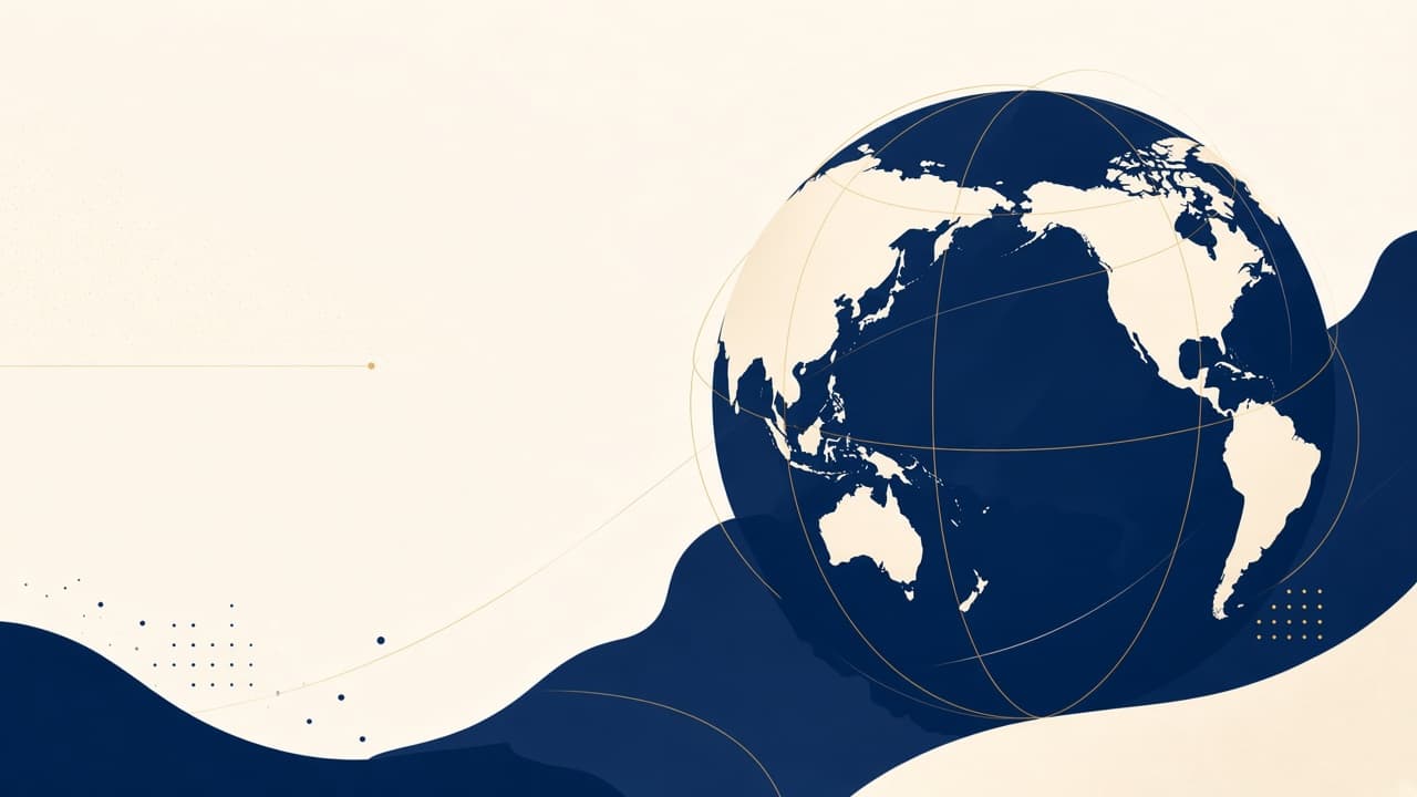 Navy-and-ivory civic globe centered on the Pacific, gold meridians, no labels.