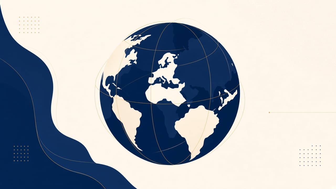 Navy-and-ivory civic globe centered on the Atlantic, gold meridians, no labels.