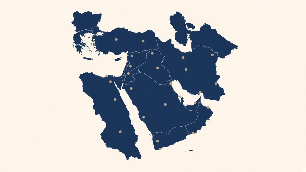 Navy civic map of the Arabian Peninsula, Iran, and the Gulf with gold city dots.