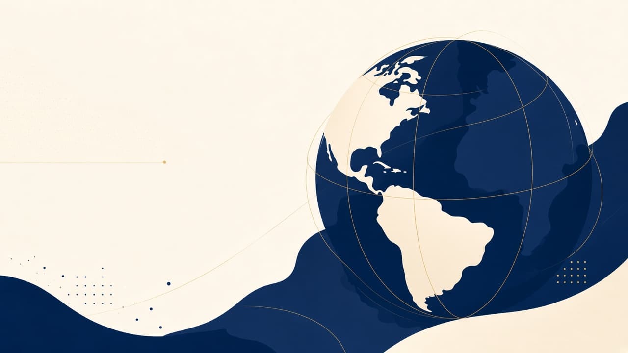 Navy-and-ivory civic globe centered on the Caribbean and northern South America.