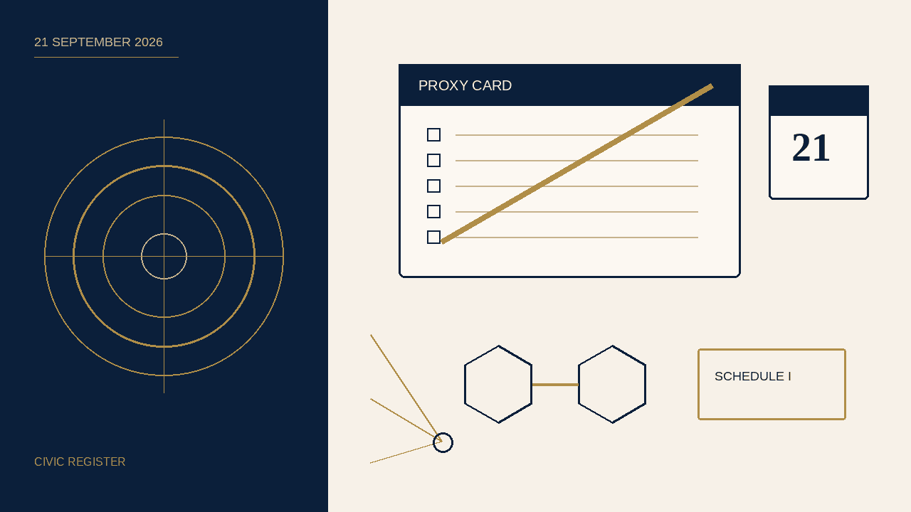 Navy-and-ivory civic register with a proxy card, a September calendar, and a Schedule I glyph.