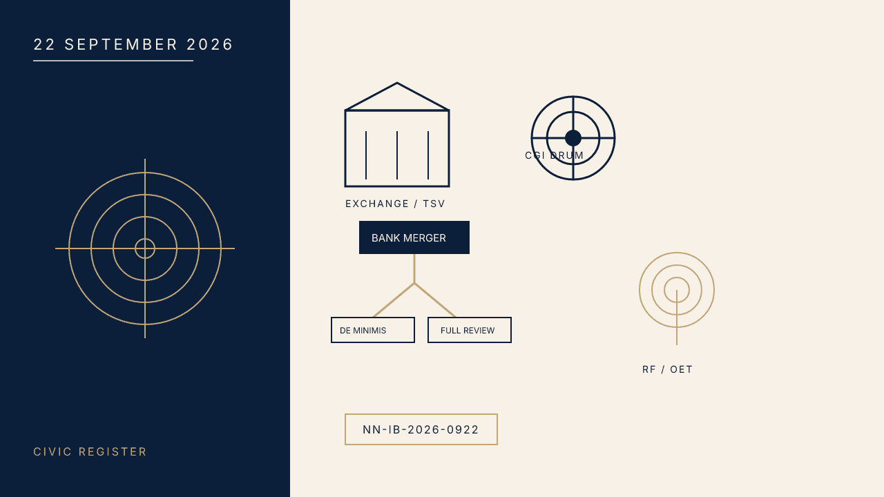 Navy-and-ivory civic register with an exchange silhouette, a brake-drum glyph, and a Bank Merger Act path split.