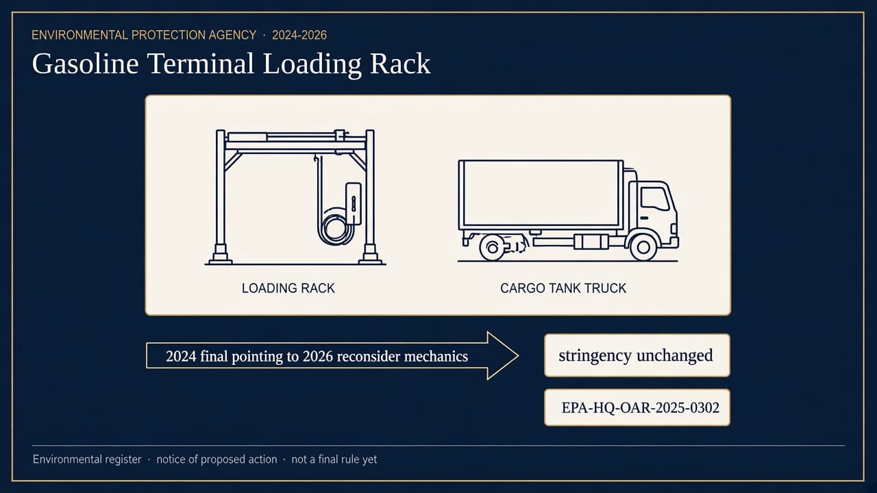 Navy civic schematic of a bulk gasoline terminal rack and cargo tank under an arrow from the 2024 final rule to 2026 mechanics, stamped stringency unchanged.