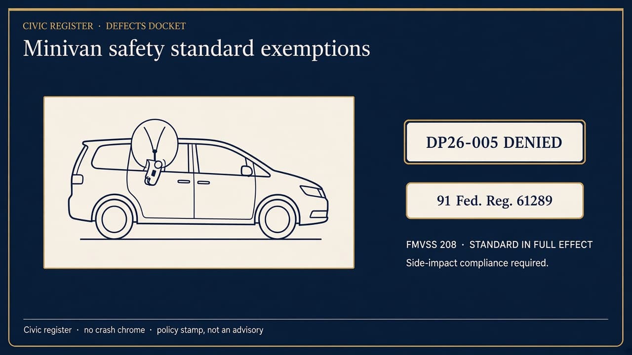Navy civic schematic of a minivan outline with an airbag icon and a stamped DP26-005 DENIED chip.