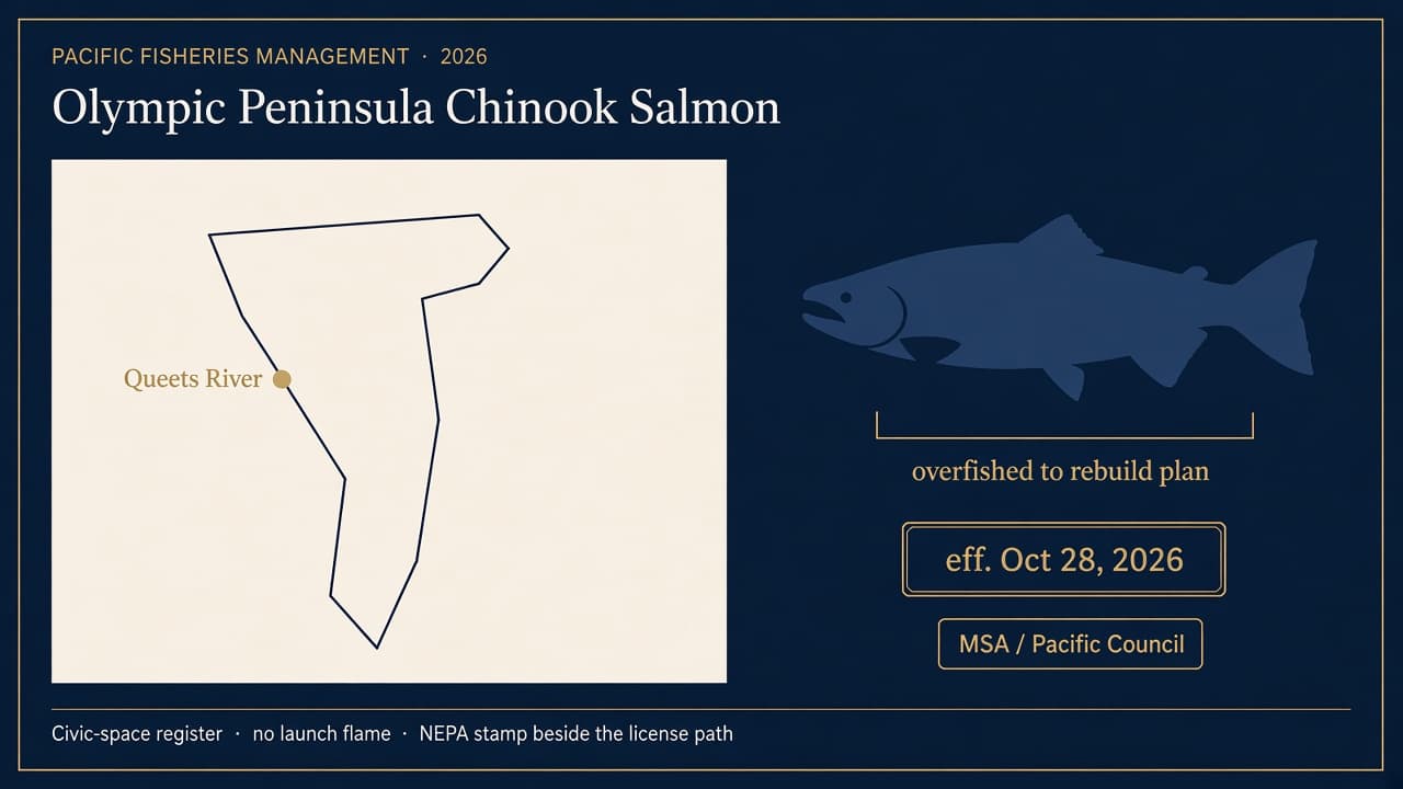 Navy civic map chip of the Olympic Peninsula with a Queets River marker, a Chinook silhouette, and an effective date of October 28, 2026.