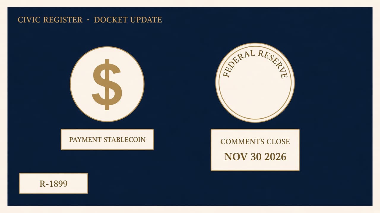 Navy civic schematic of a payment-stablecoin chip beside a Federal Reserve seal and a comment calendar stamped November 30, 2026.