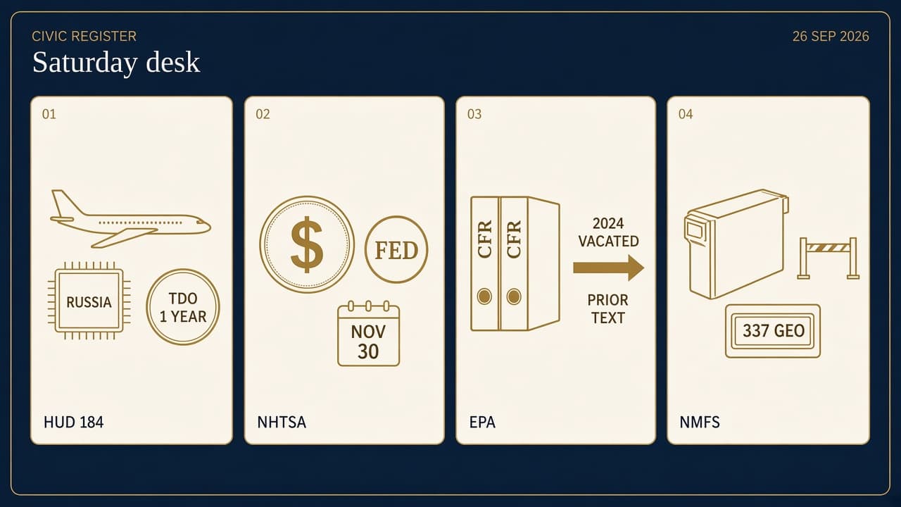 Navy-and-ivory civic register in four panels: a one-year Ural Airlines TDO seal, a GENIUS Act stablecoin comment calendar, a Title IX CFR recodification from vacated 2024 text, and an ITC 337-TA-1451 ink-cartridge GEO.