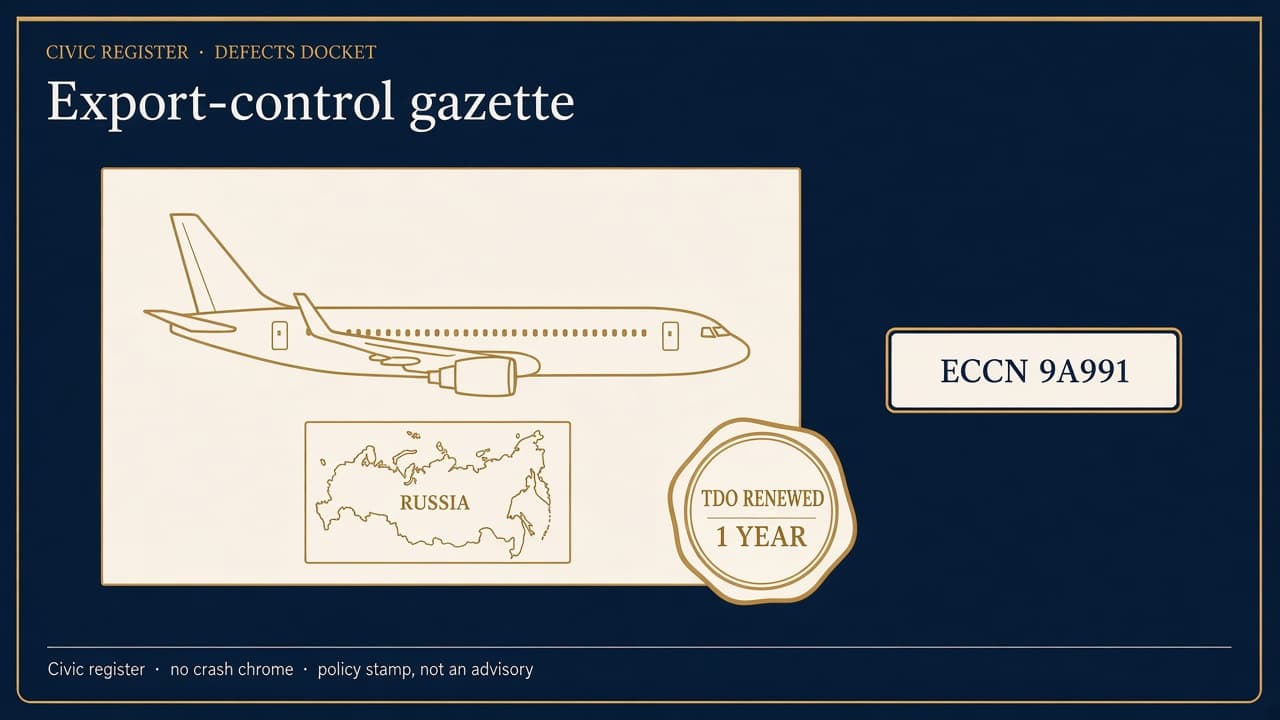 Navy civic schematic of an airliner silhouette over a Russia chip with a stamped TDO renewed one-year seal.