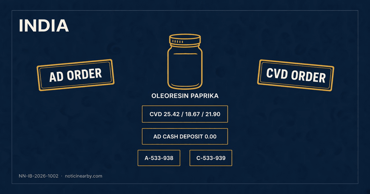 Navy and ivory schematic of an oleoresin paprika jar under AD and CVD order stamps, with a zero antidumping cash-deposit chip.