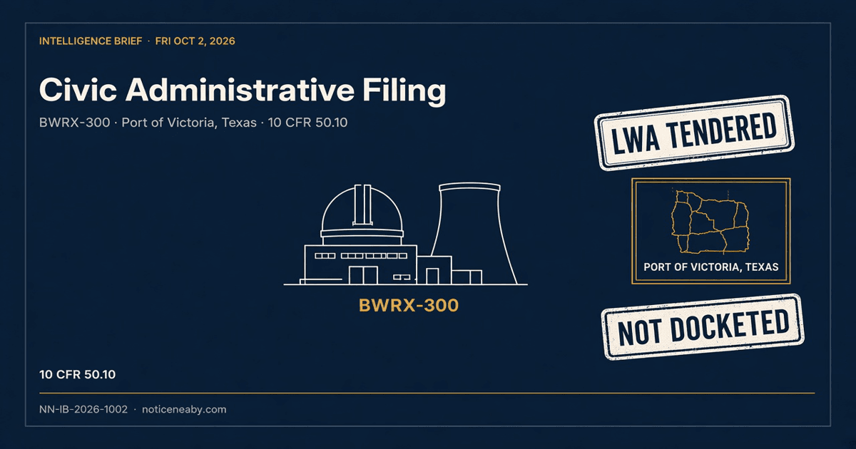 Navy and ivory schematic of a BWRX-300 building at Port of Victoria with a limited-work receipt stamp and a not-docketed chip.