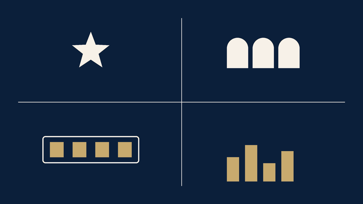 Navy and ivory civic register in four panels: a star, three reactor arches, a DRAM module, and a bar chart.
