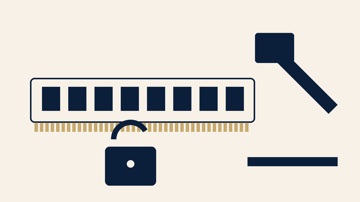 Ivory and navy schematic of a DRAM module with a resting gavel and an open padlock.