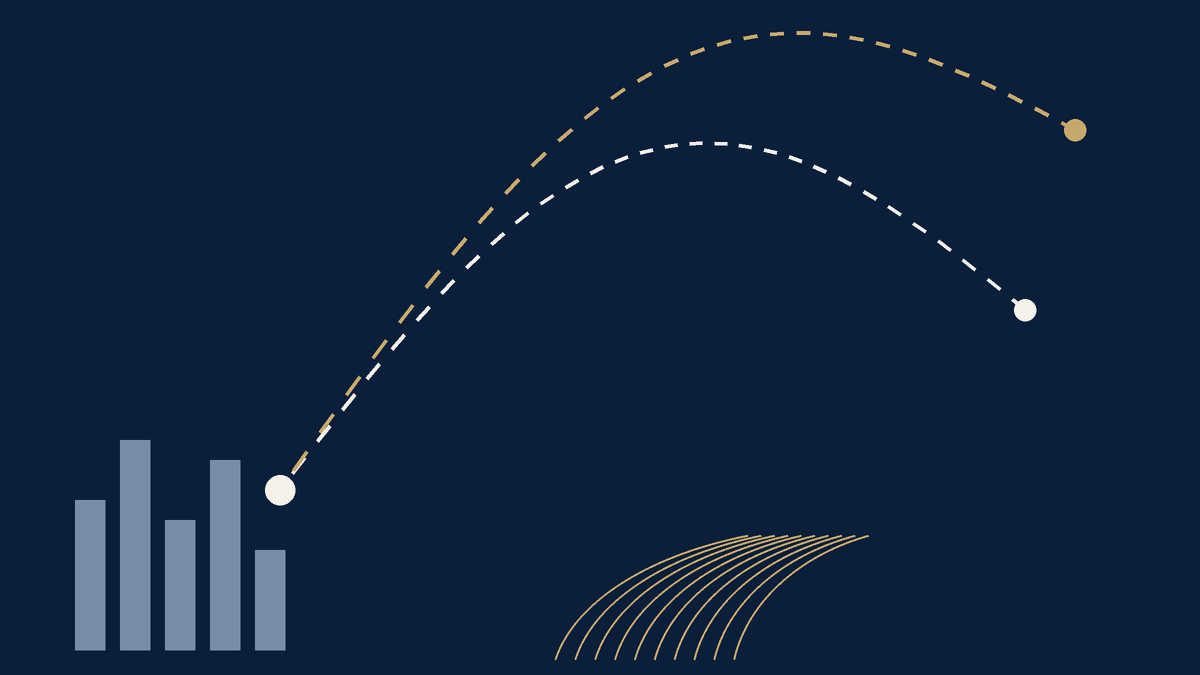 Navy and ivory bar-and-route chart of lanes toward the Gulf with a grain-field motif.