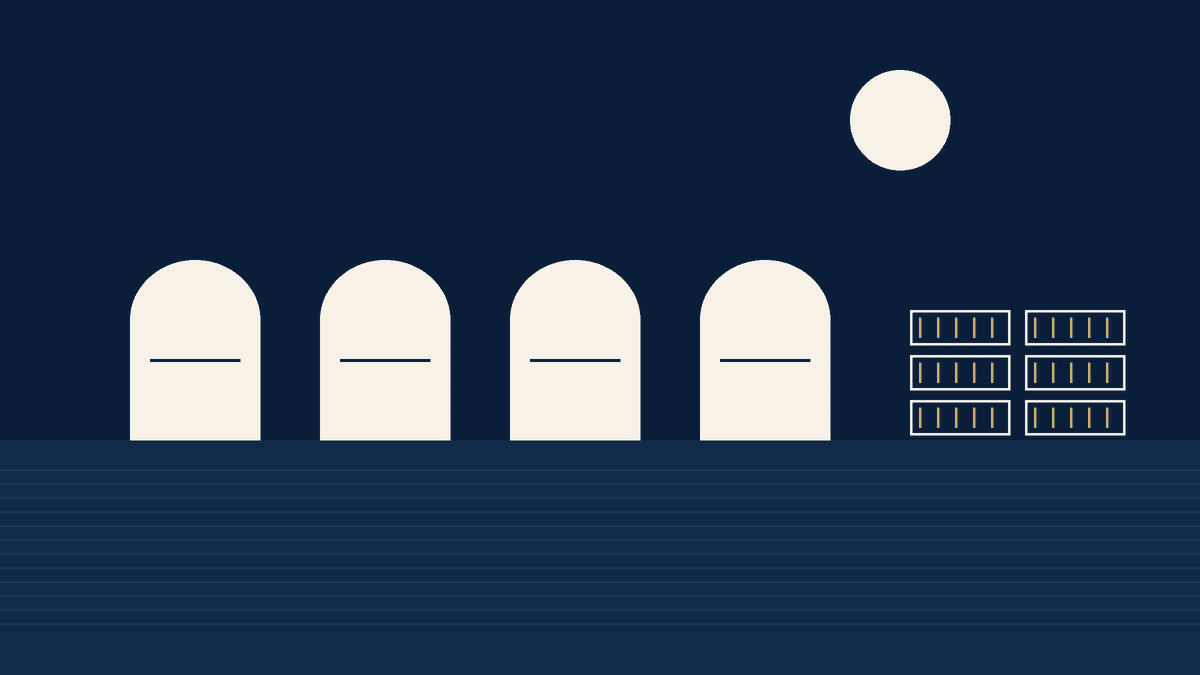 Navy and ivory illustration of four AP1000 domes on a Panhandle plain beside data-hall blocks.