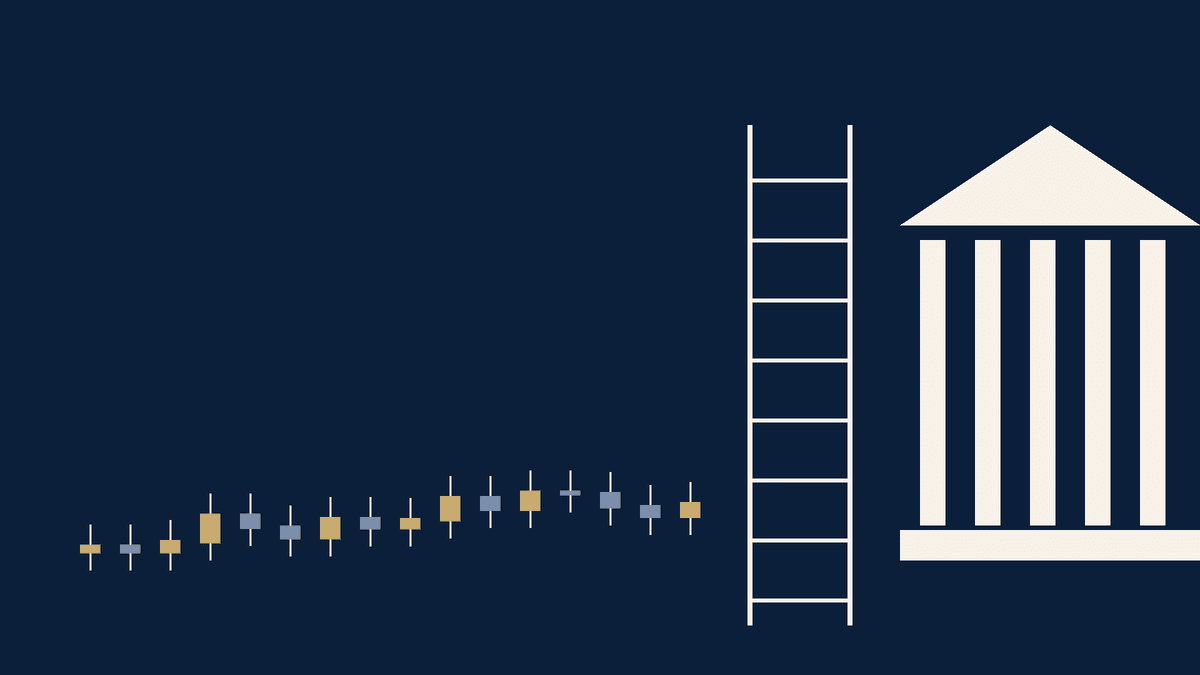 Navy and ivory candlestick chart climbing a leverage ladder into a columned exchange.