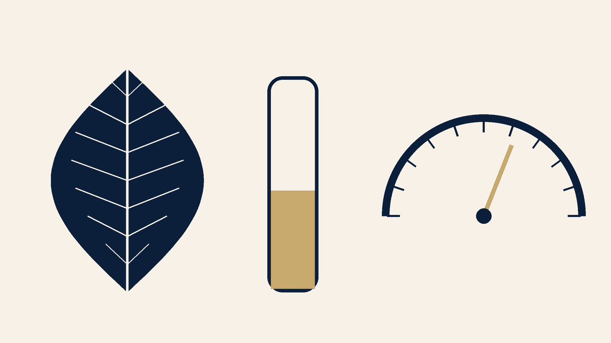 Navy and ivory kratom leaf beside a lab vial and a threshold gauge.