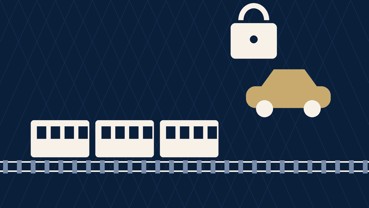 Navy and ivory rail line and car silhouette crossing a lattice with a padlock.