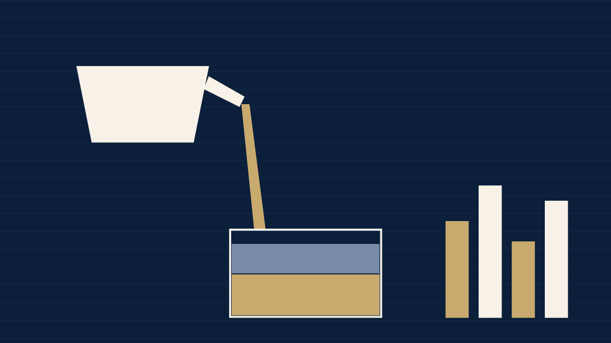 Navy and ivory illustration of a ladle pouring molten metal into a two-layer bar beside a chart.