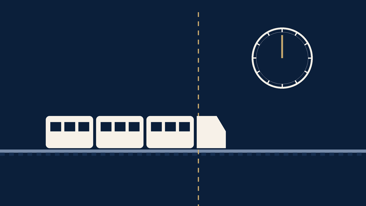 Navy and ivory illustration of a passenger train crossing a dashed border line with a clock.