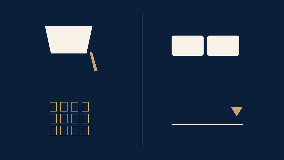 Navy and ivory civic register in four panels: a pouring ladle, two rounded cards, a lease-block grid, and a timeline mark.