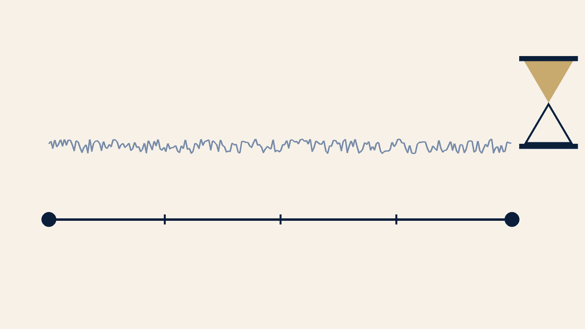 Navy and ivory timeline with a seismograph trace and an hourglass.