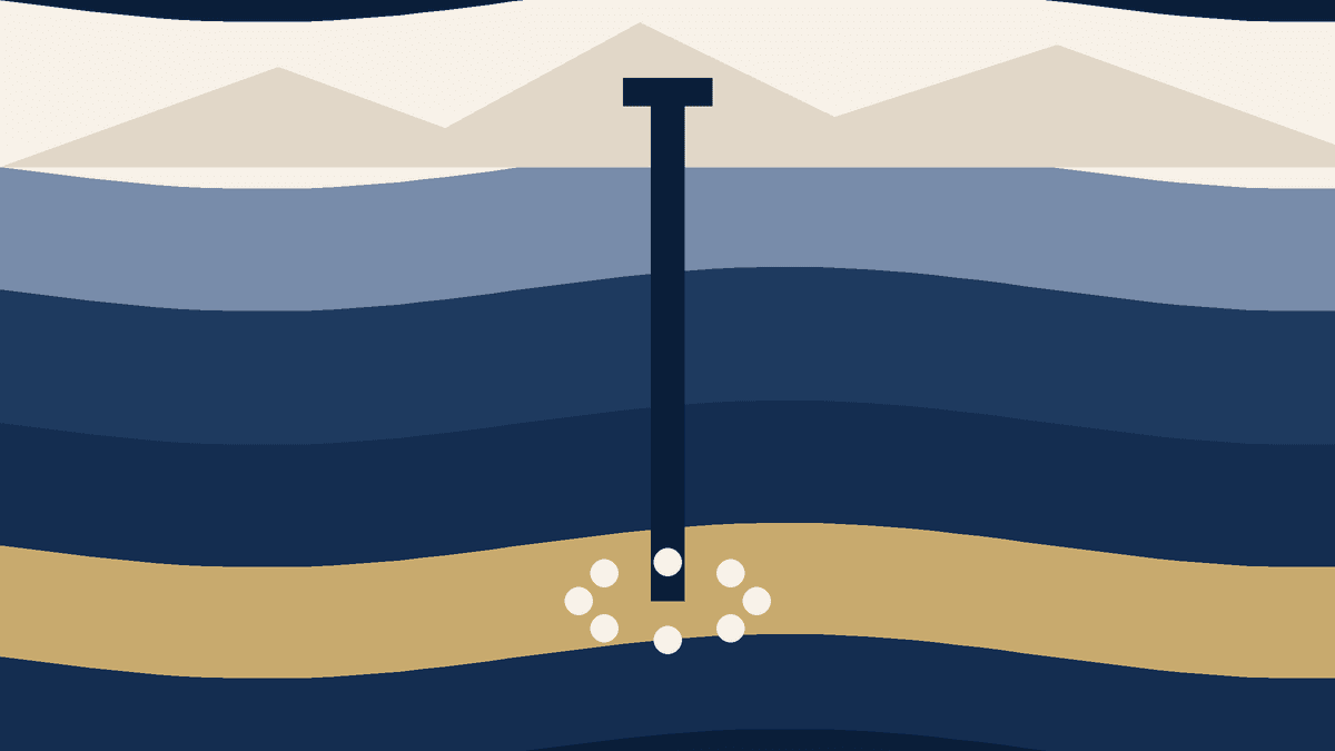 Navy and ivory cross-section of Colorado rock layers with an injection well reaching a deep layer.