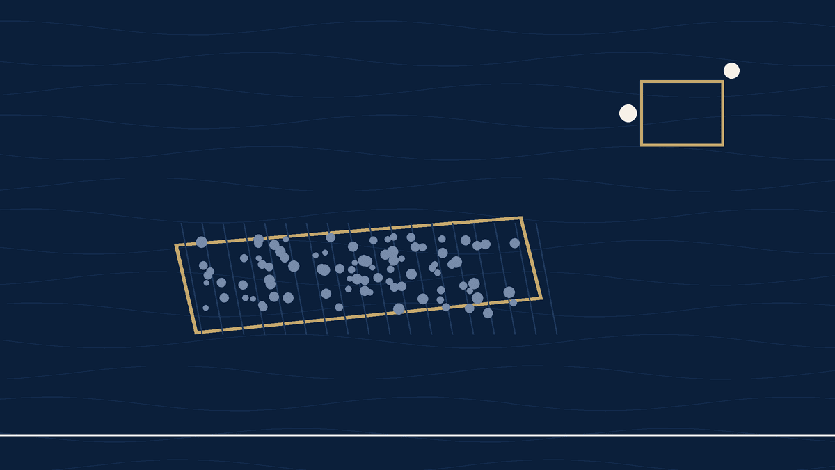Navy and ivory map of the central Pacific with a hatched exploration zone and an island pair marked by dots.