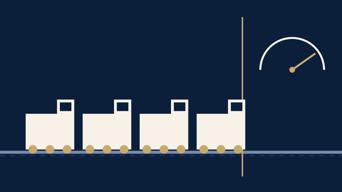 Navy and ivory illustration of four freight locomotives lined up past a gold threshold line on a gauge.