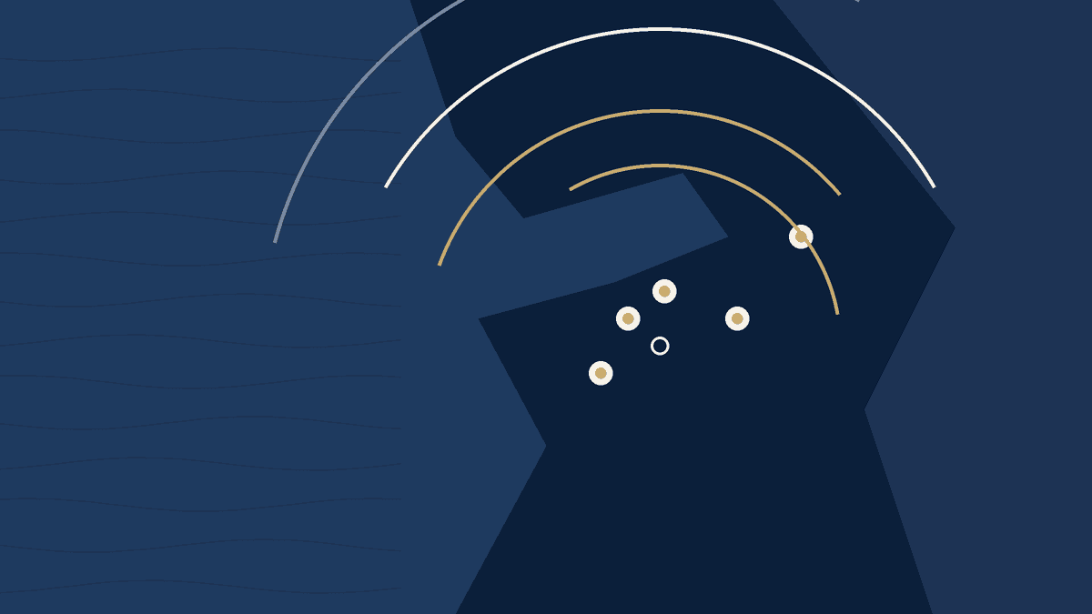 Navy and ivory abstract map of an inlet basin with five airport dots and curved flight-path arcs.