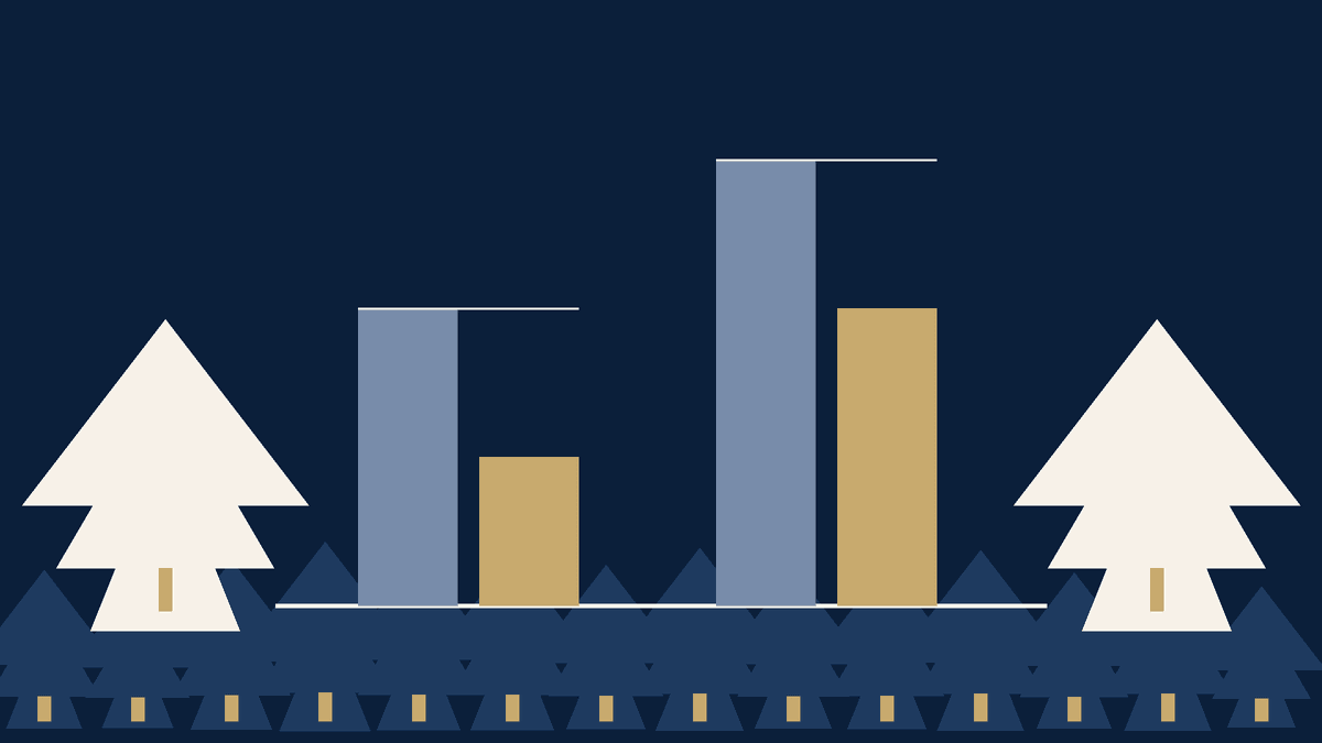 Navy and ivory paired bar graph of a long and a short comment window standing among pine trees.