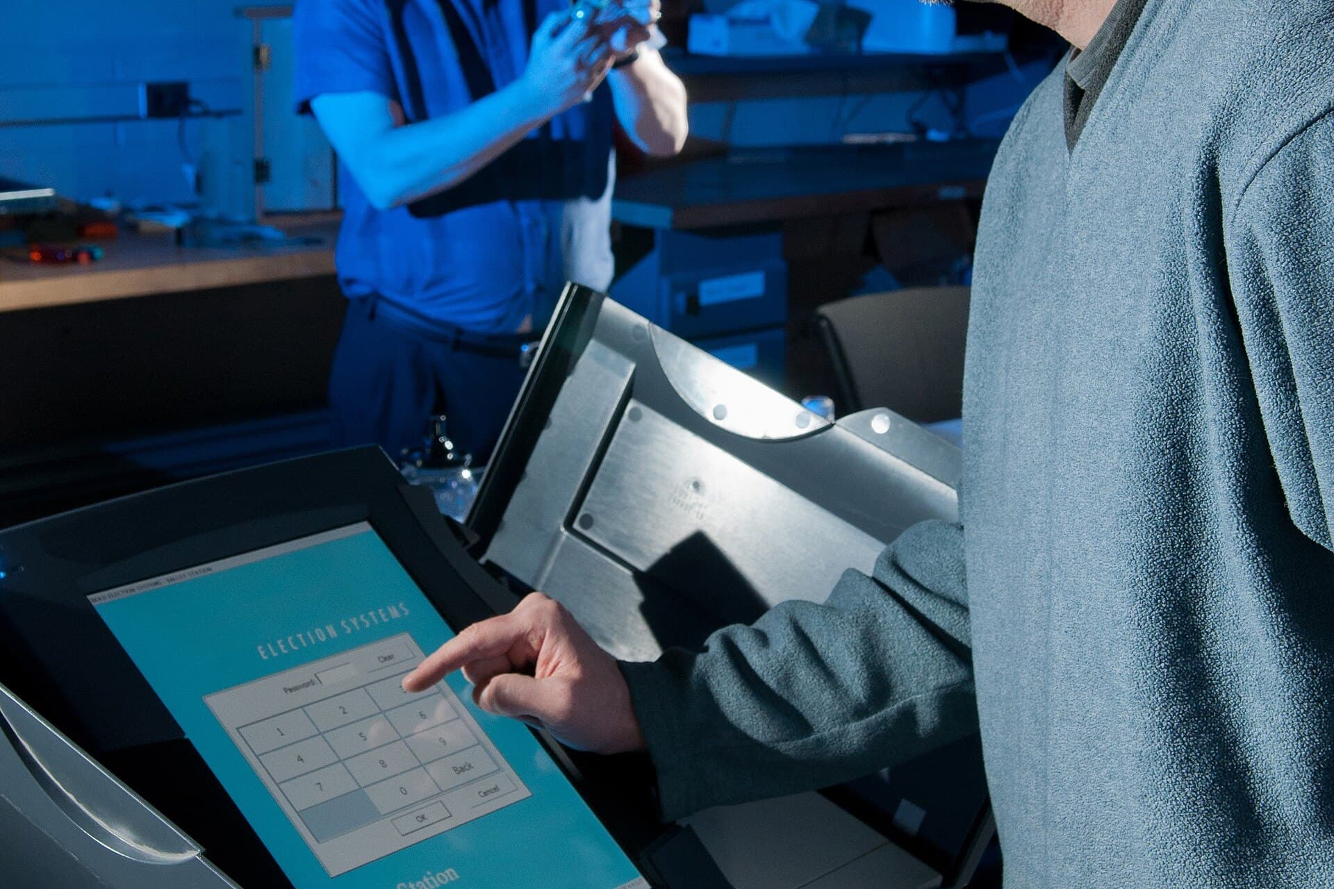 Argonne National Laboratory’s Vulnerability Assessment Team tests an electronic voting machine for security (U.S. Department of Energy photo)
