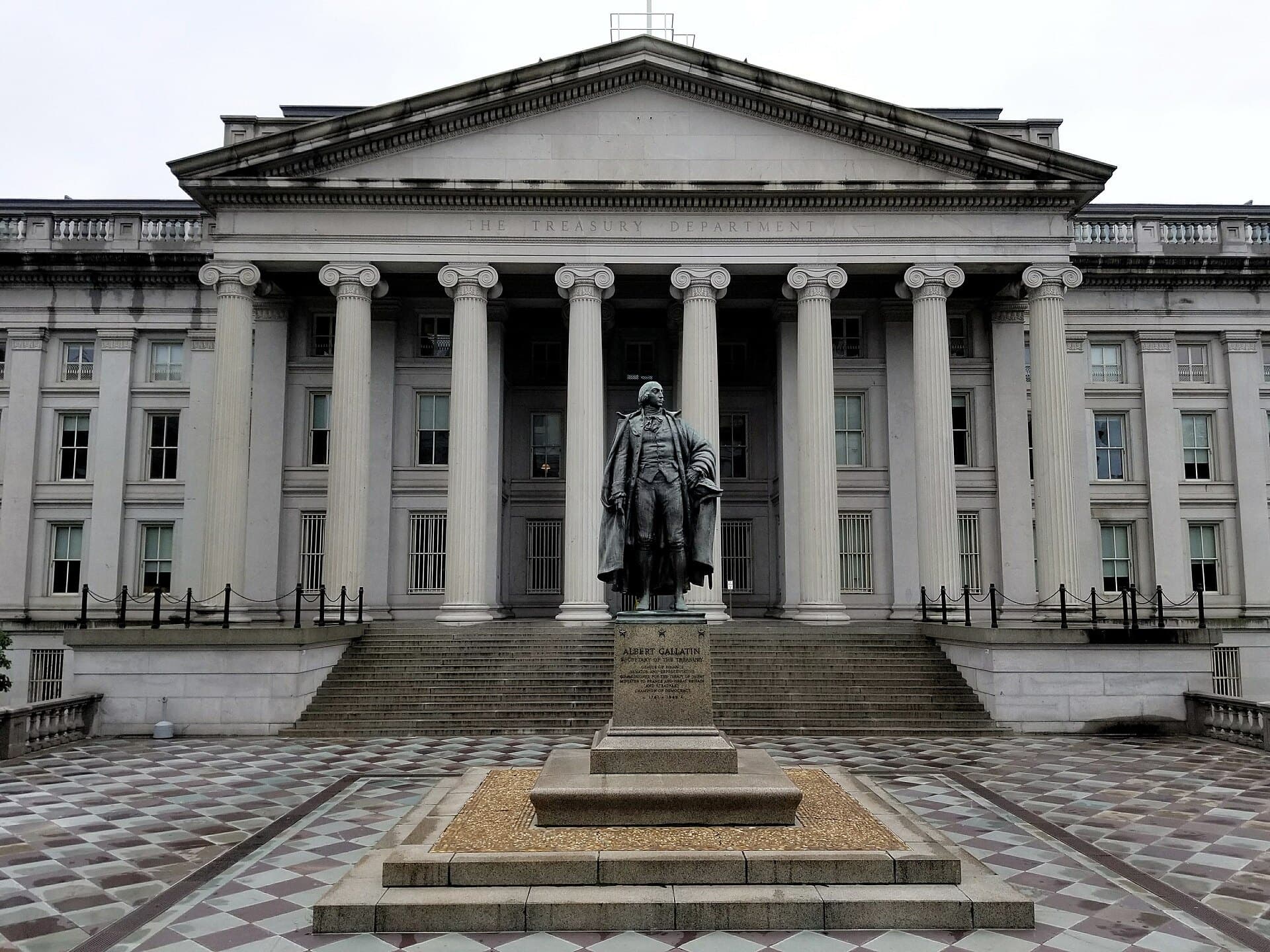 North entrance of the U.S. Treasury Building with the Albert Gallatin statue in Washington, D.C.