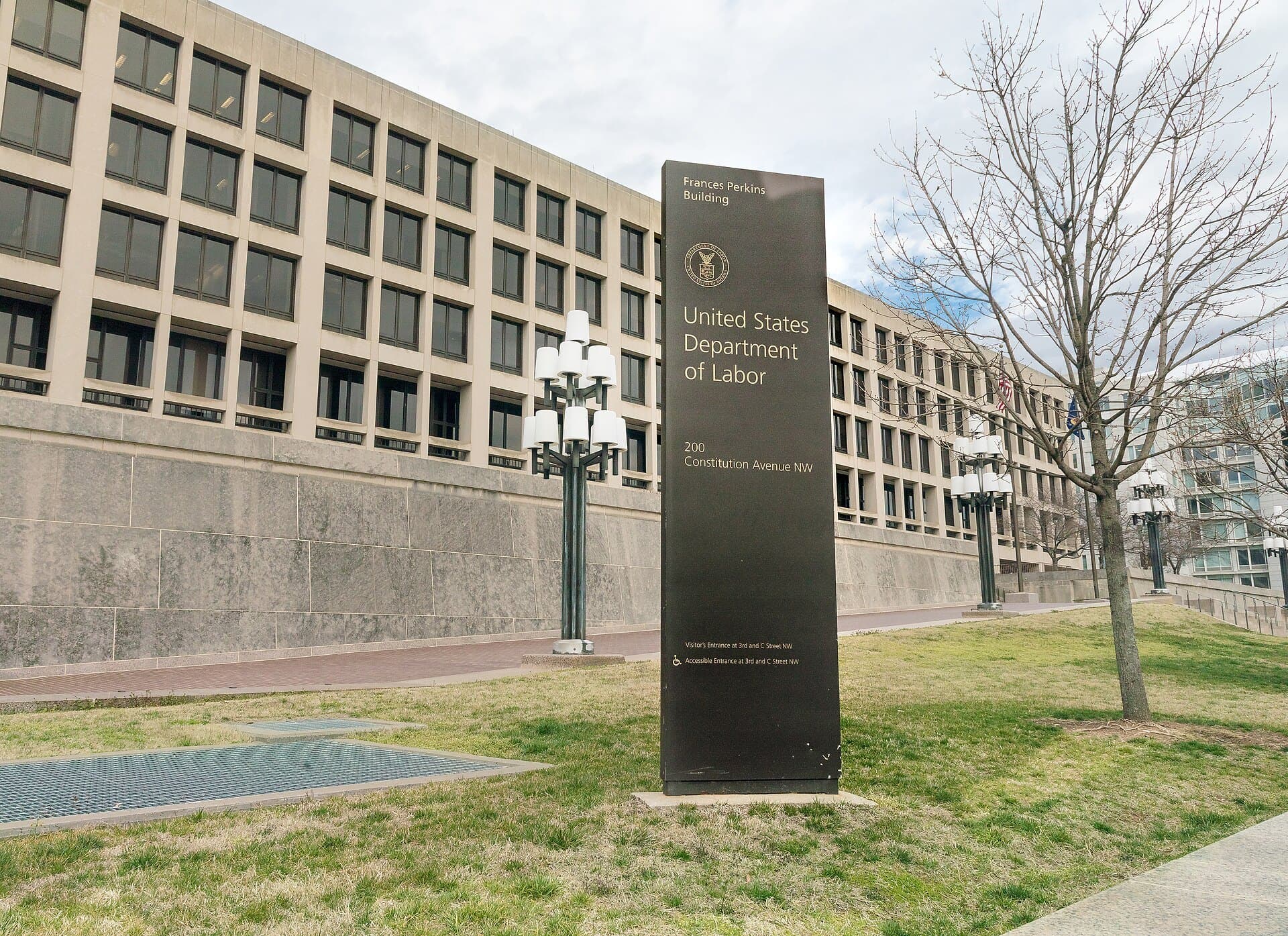 Frances Perkins Building, U.S. Department of Labor headquarters, with its entrance sign in Washington, D.C.