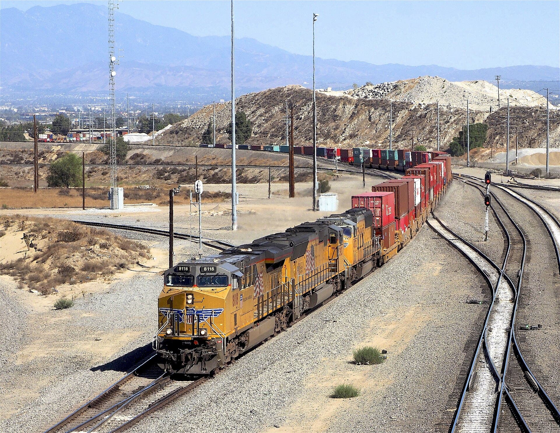 Union Pacific freight train heading west at Colton, California, in San Bernardino County