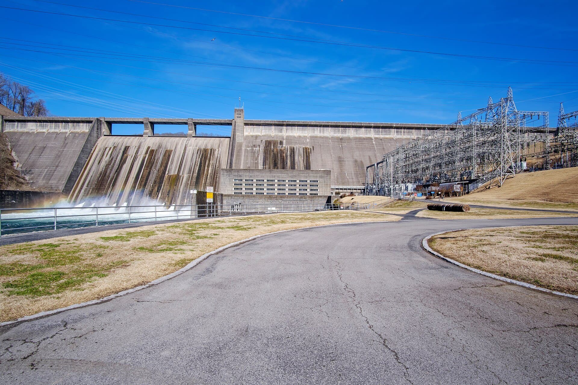Norris Dam and its electrical substation on the Clinch River near Norris, Tennessee