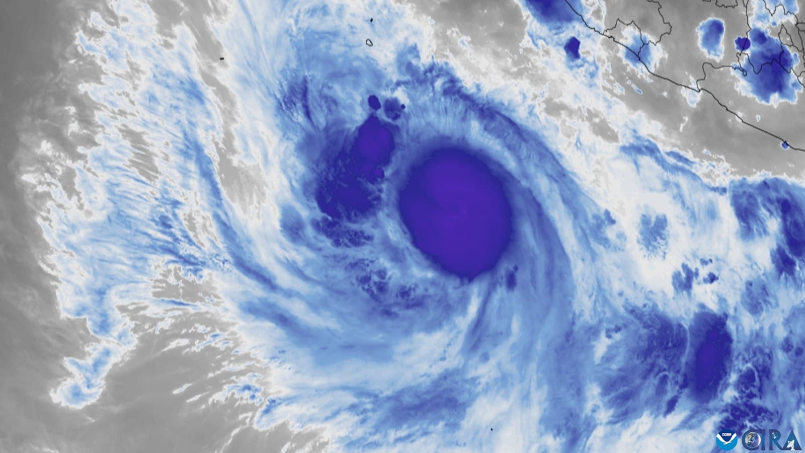 Satellite image of an eastern Pacific hurricane with a clear eye, shown in blue and white infrared shading. This is an illustrative image of a past storm, Hurricane Narda in 2025, not Hurricane Rachel. GOES imagery: CSU/CIRA and NOAA, public domain, via Wikimedia Commons.