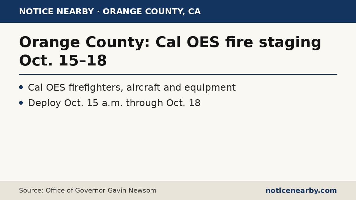 Notice Nearby text card: Orange County: Cal OES fire staging Oct. 15–18