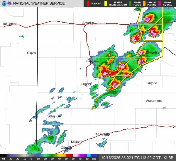 National Weather Service Lubbock radar image (KLBB), Oct. 13, 2026
