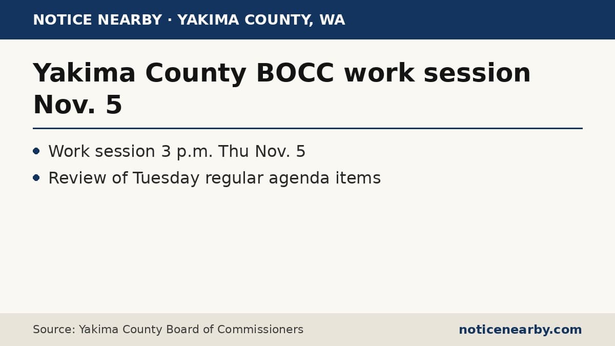 Notice Nearby text card: Yakima County BOCC work session Nov. 5, 2026