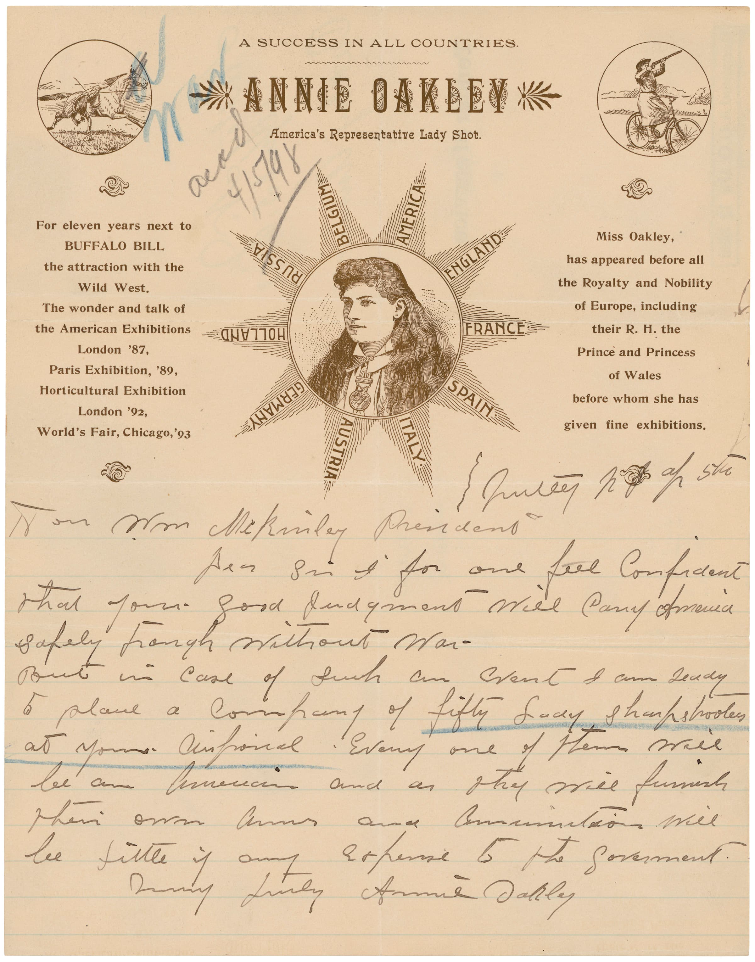 Letterhead of Annie Oakley's April 5, 1898 letter to President William McKinley, National Archives NAID 300369.