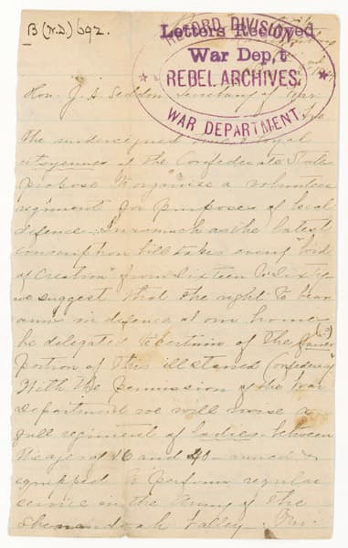 First page of the letter from Annie Samuels cataloged as a request to form a regiment of women, National Archives NAID 3854724.