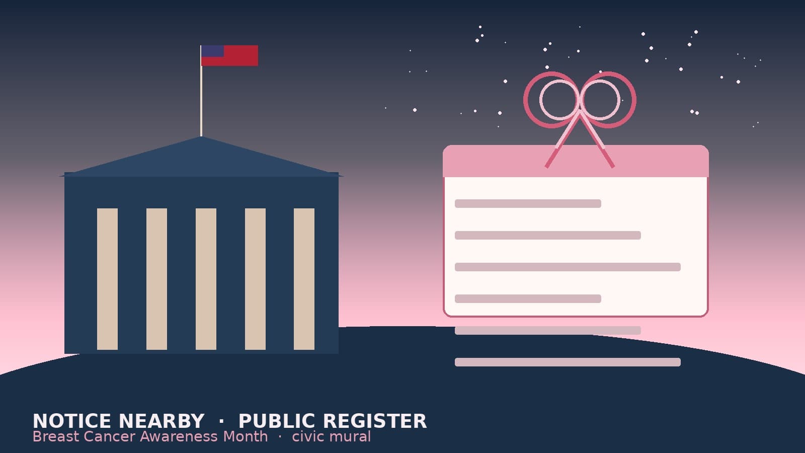 How America learned to talk about breast cancer — from quiet notices to pink October. Civic mural for Breast Cancer Awareness Month.