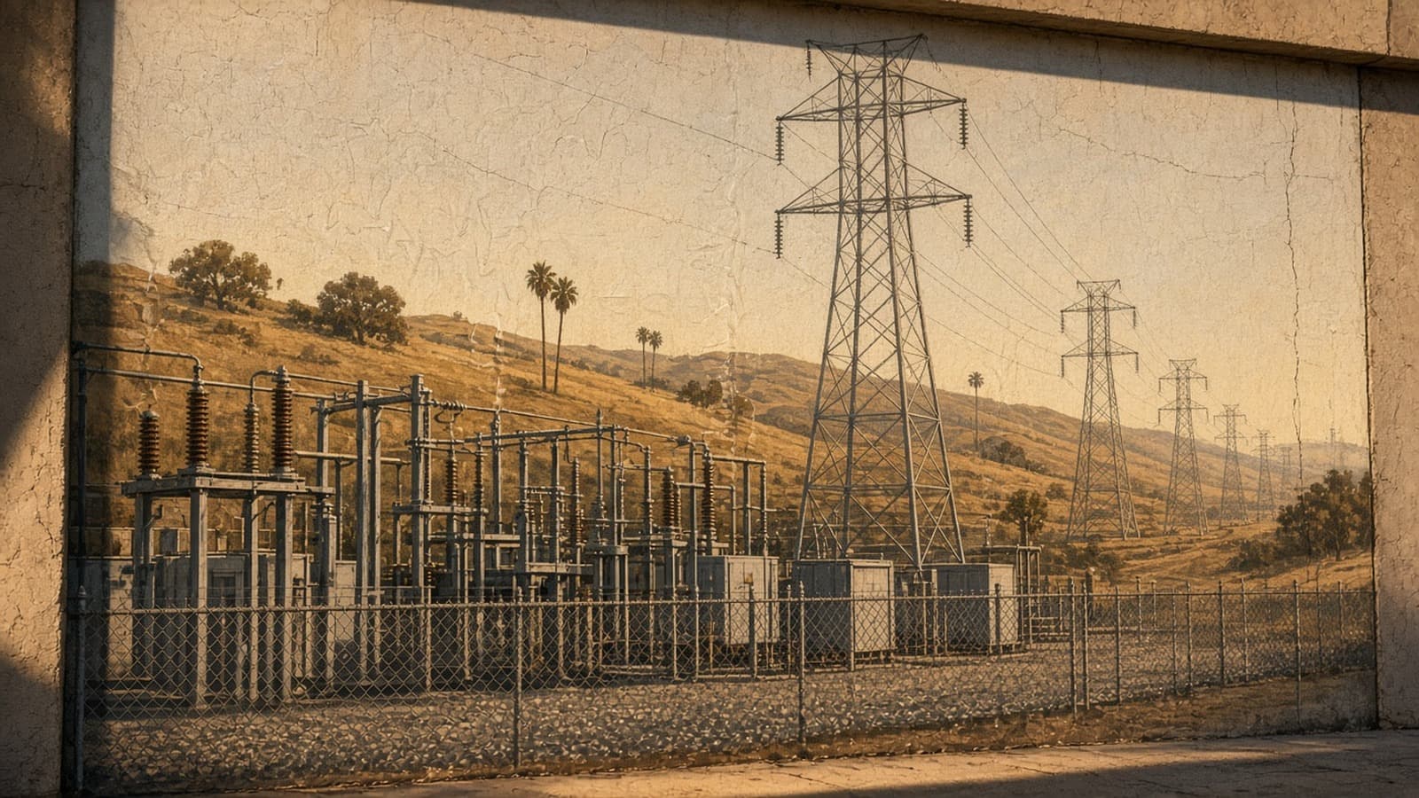 Photorealistic civic mural of a California high-voltage substation and lattice transmission towers in late-afternoon heat haze, dry golden hills, ceramic insulators and a gravel switchyard, no text