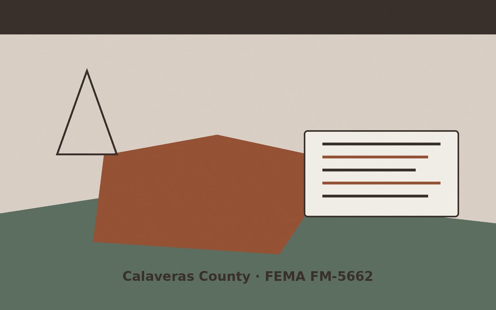 Public notice for Calaveras County. On August 4, 2026, FEMA recorded a fire management assistance declaration FM-5662-CA that lists Calaveras County as a designated area. FEMA titl
