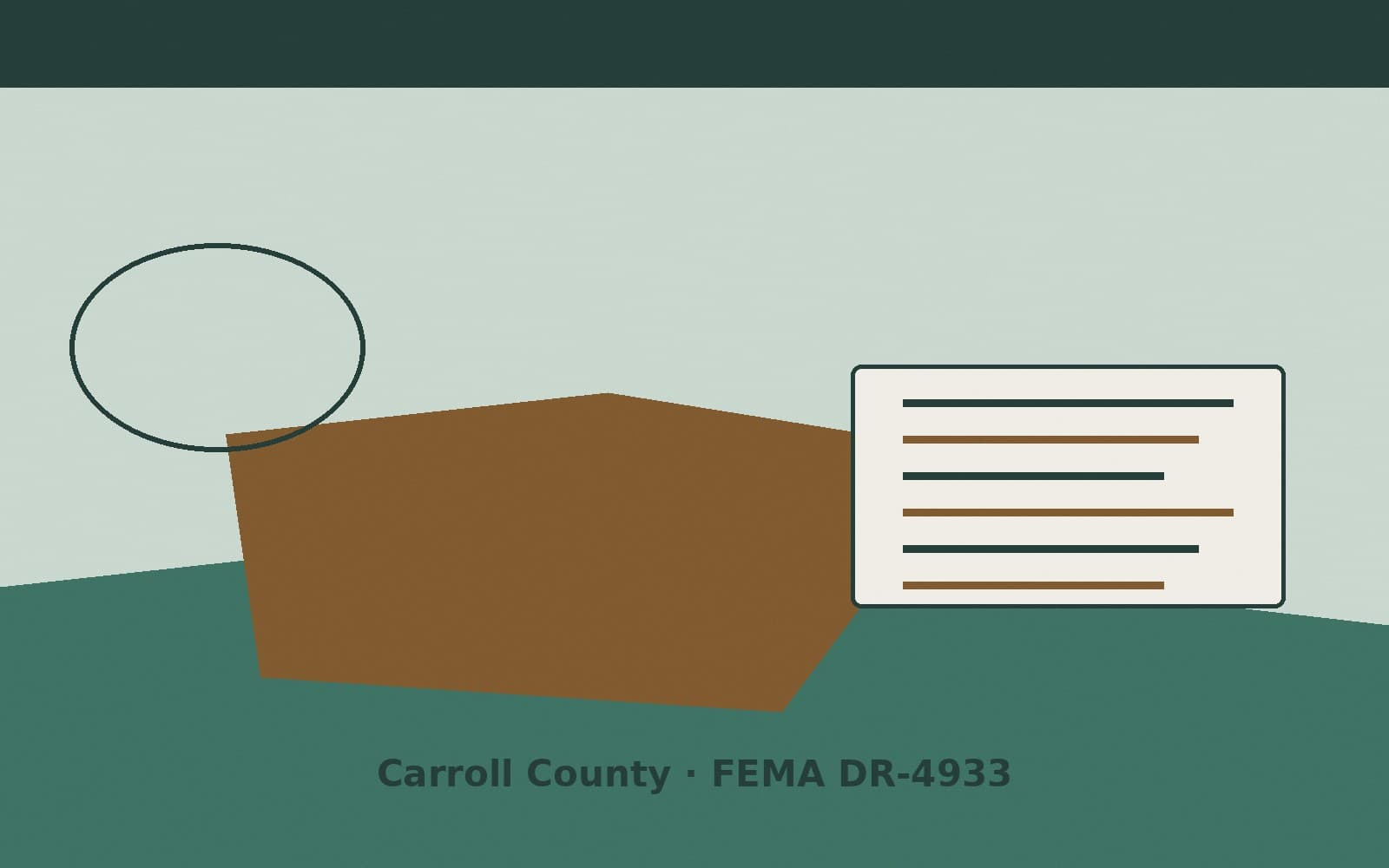 Public notice for Carroll County. On August 25, 2026, FEMA recorded a major disaster declaration DR-4933-IN that lists Carroll County as a designated area. FEMA titled the action "