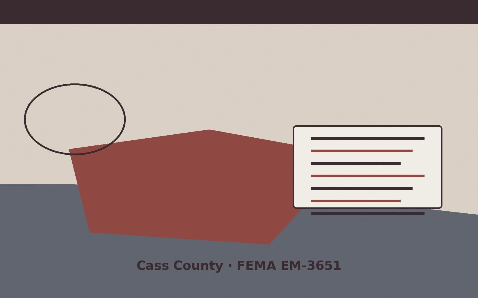 Public notice for Cass County. On August 15, 2026, FEMA recorded a emergency declaration EM-3651-IN that lists Cass County as a designated area. FEMA titled the action "Severe Stor