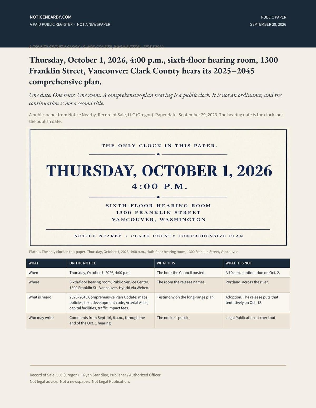 Clark County comprehensive plan hearing paper — Oct. 1, 2026, Vancouver