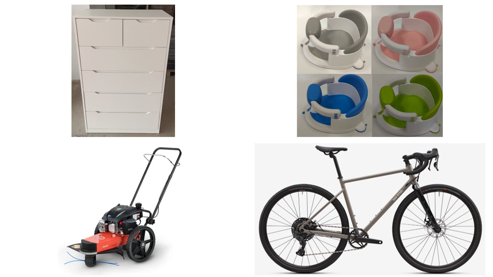Notice Nearby: CPSC recall photos of a Romorgniz six-drawer dresser, an ONTHEWEI baby bath seat, a DR trimmer mower and a Van Rysel gravel bike, recalled Oct. 9, 2026