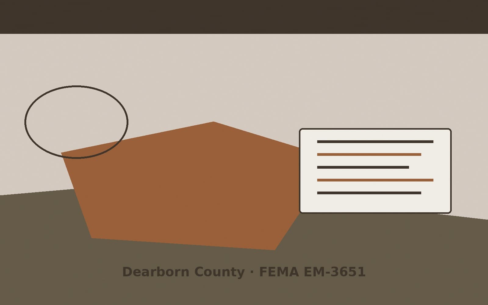 Public notice for Dearborn County. On August 15, 2026, FEMA recorded a emergency declaration EM-3651-IN that lists Dearborn County as a designated area. FEMA titled the action "Sev